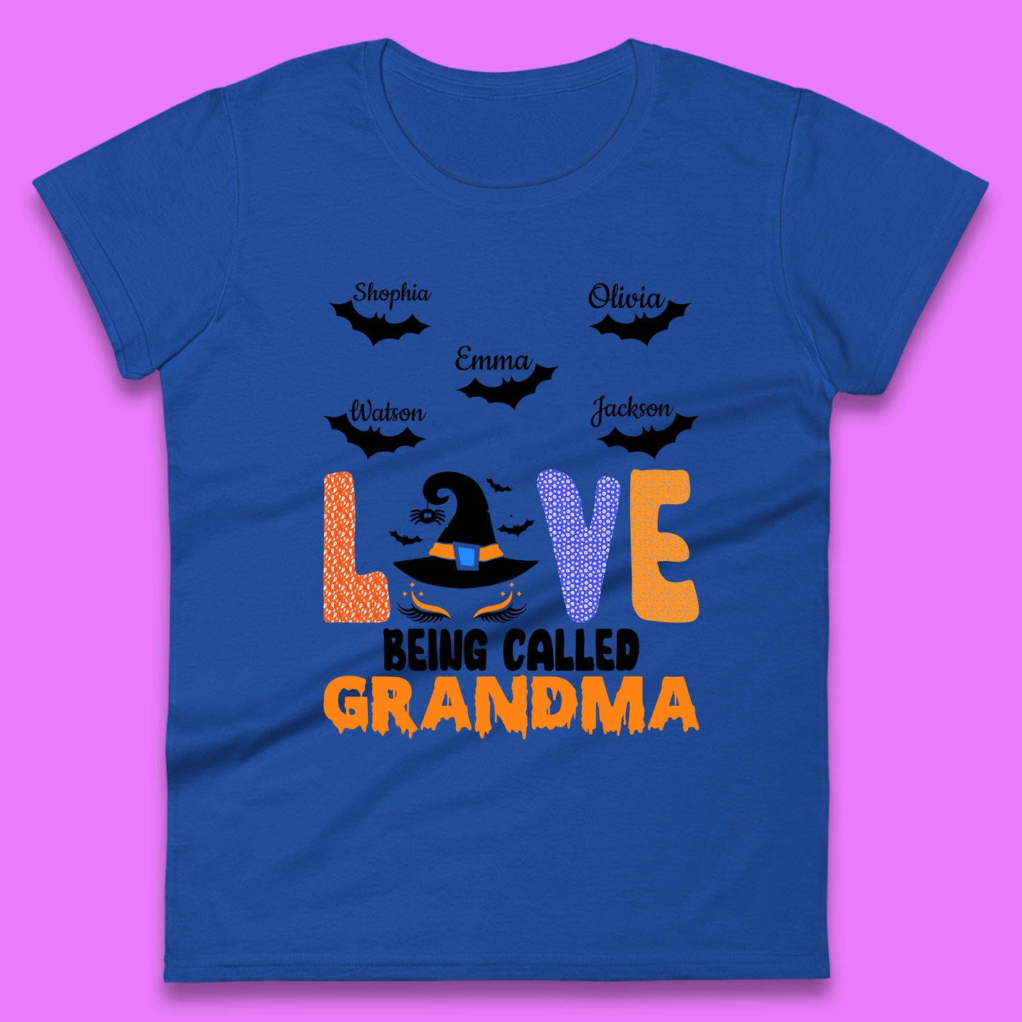Personalised Love Being Called Grandma Your Name Halloween Grandma Witch Hat With Grandkids Names  Womens Tee Top
