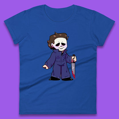 Chibi Michael Myers Holding Bloody Knife Halloween Serial Killer Horror Movie Character Womens Tee Top