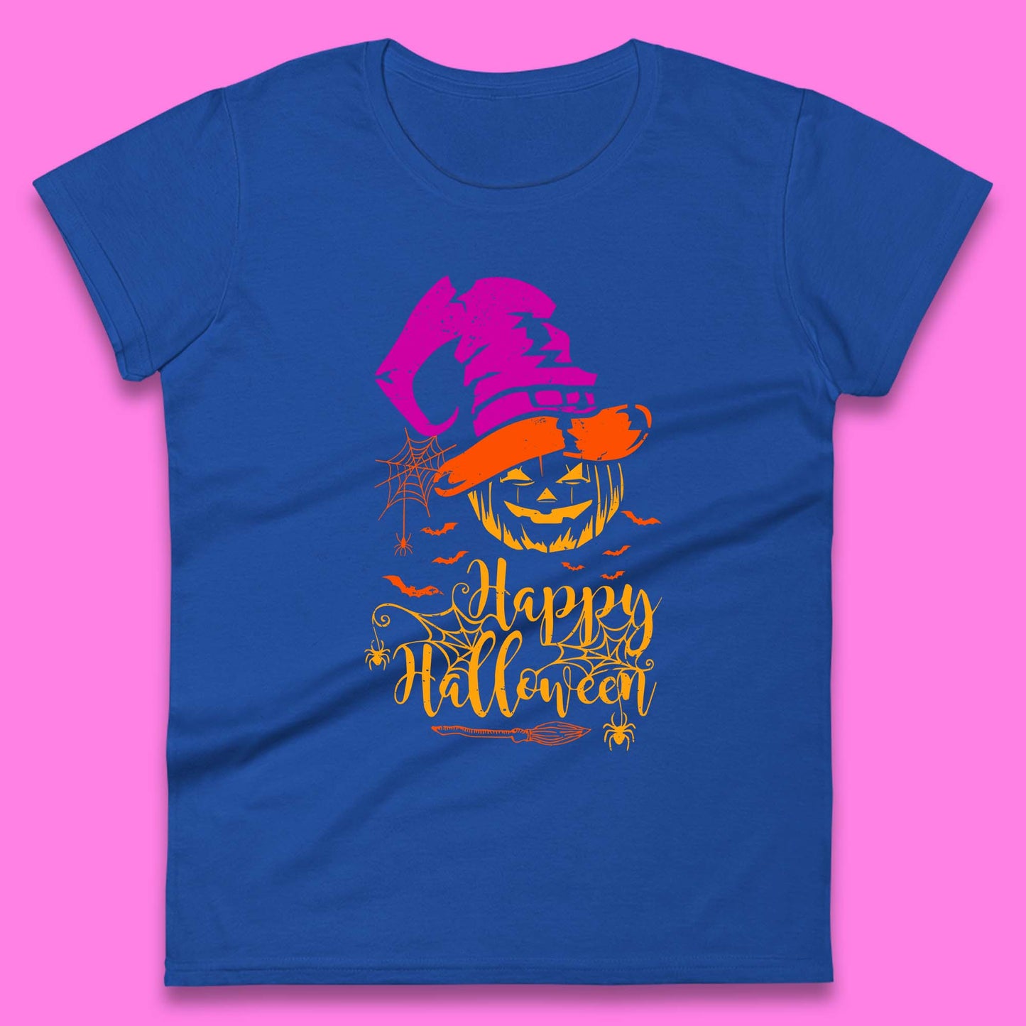 Happy Halloween Witch Hat Pumpkin Horror Scary Jack-o-lantern Flying Bats Womens Tee Top