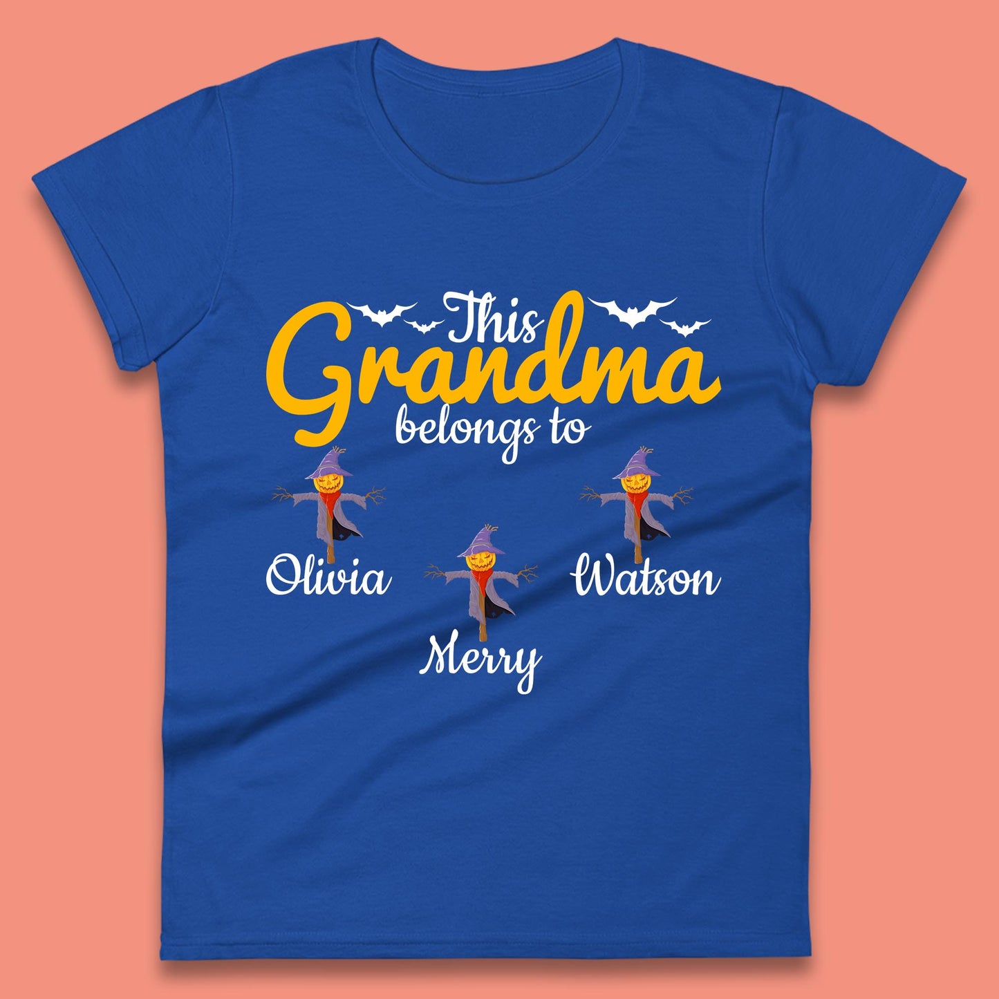 Personalised This Grandma Belongs To Your Name Halloween Grandma Scarecrow With Grandkid Names Gift Womens Tee Top