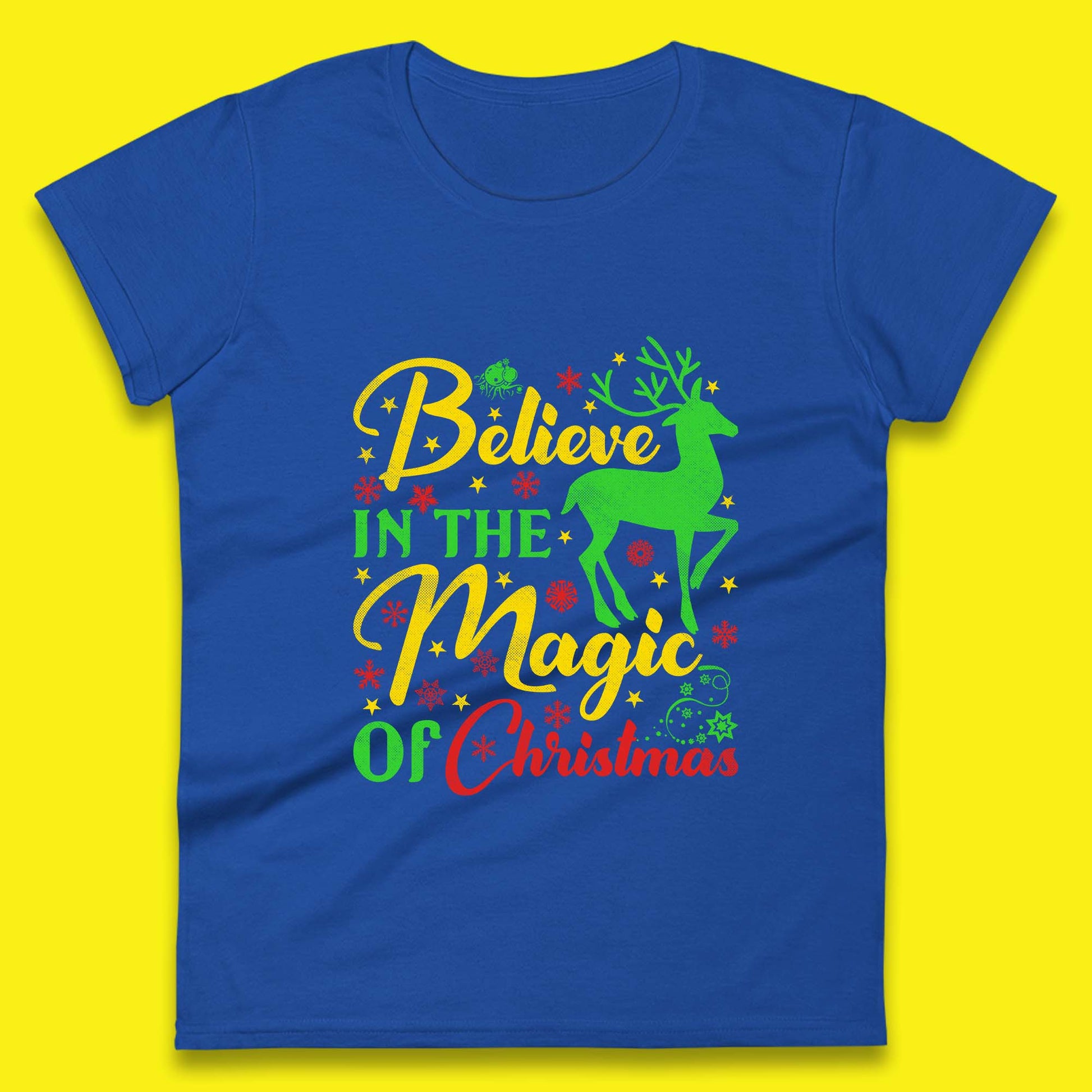 believe in the magic of christmas reindeer womens t shirt