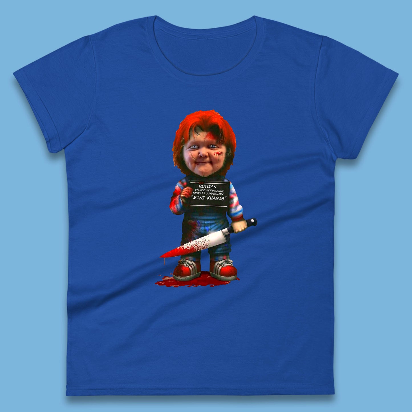 Chucky Mug Shot Russian Police Dept Hasbulla Magomedov Chucky Mini Khabib Inspired Halloween Horror Movie Good Guy Chucky Womens Tee Top