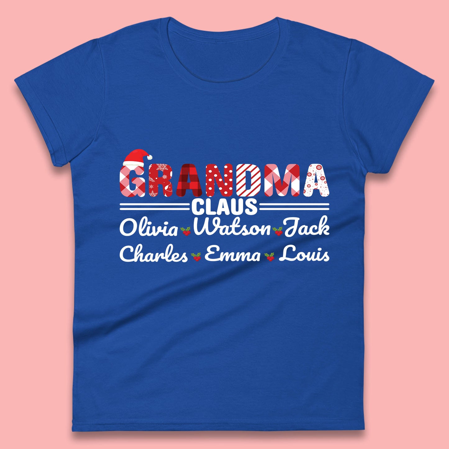 Personalized Grandma Claus Christmas Grandkids Names Santa Hat Xmas Womens Tee Top