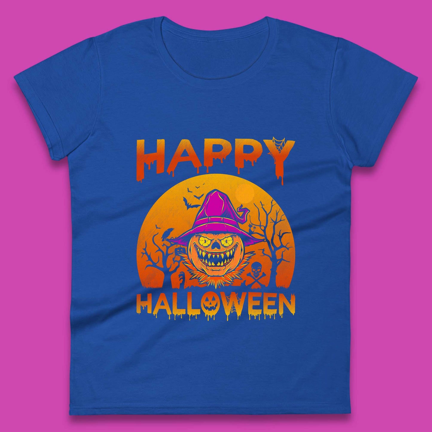 Happy Halloween Monster Pumpkin With Witch Hat Horror Scary Spooky Season Womens Tee Top