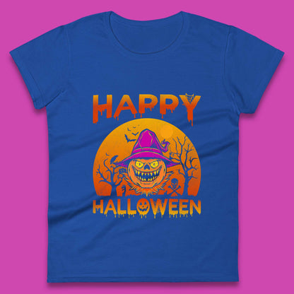 Happy Halloween Monster Pumpkin With Witch Hat Horror Scary Spooky Season Womens Tee Top