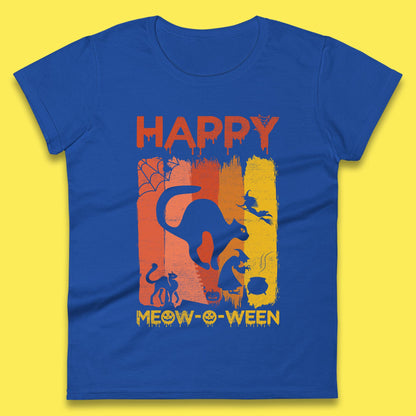 Happy Meow-O-ween Funny Halloween Black Cat Scary Spooky Womens Tee Top