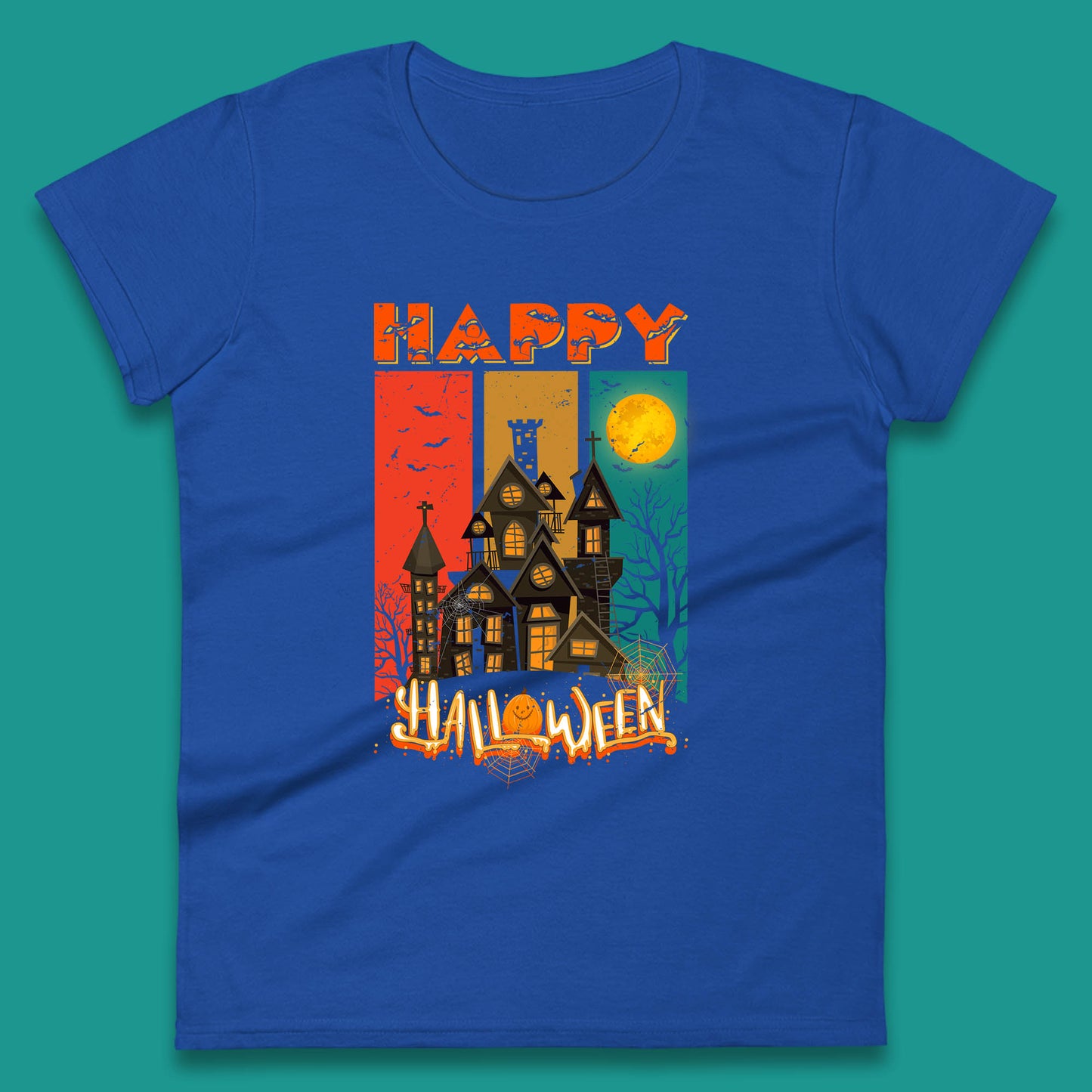 Happy Halloween Vintage Style Horror Scary Haunted House Womens Tee Top