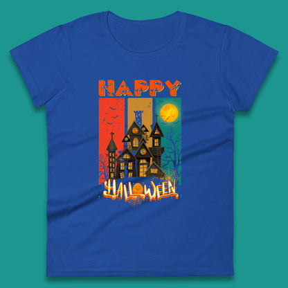 Happy Halloween Vintage Style Horror Scary Haunted House Womens Tee Top