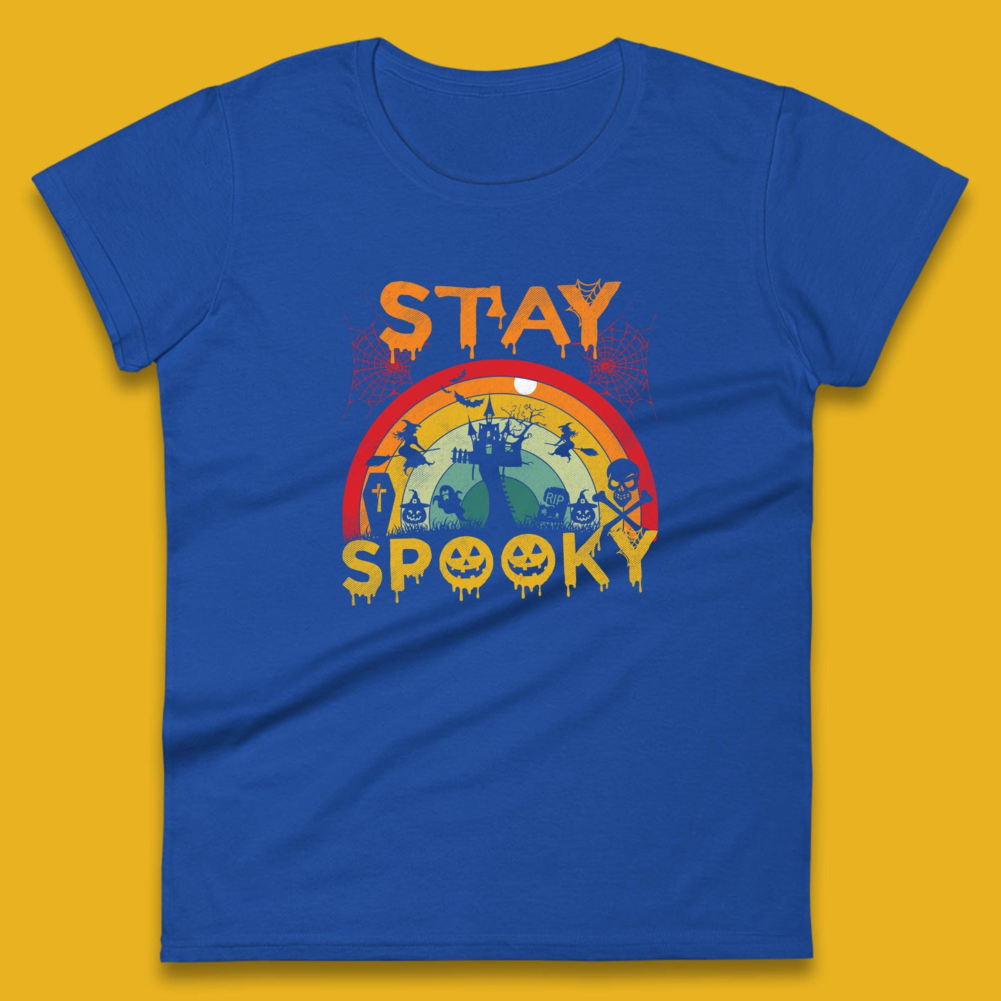 Stay Spooky Vintage Halloween Hunted House Dark Night Full Moon And Flying Bats Womens Tee Top