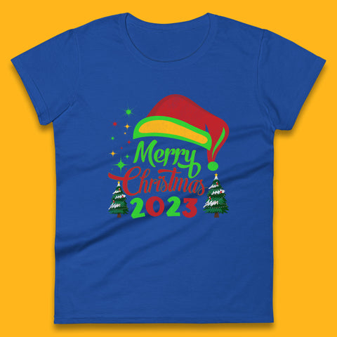Merry Christmas 2023 Elf Hat Christmas Trees Xmas Gift Womens Tee Top