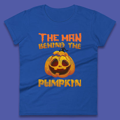 The Man Behind The Pumpkin Halloween Pregnancy Baby Announcement New Dad Gift Womens Tee Top