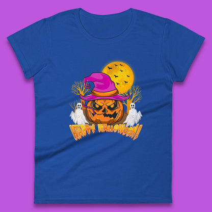 Happy Halloween Pumpkin Witch Hat Jack-o'-lantern With Full Moon Flying Bats Horror Scary Boo Ghost Womens Tee Top