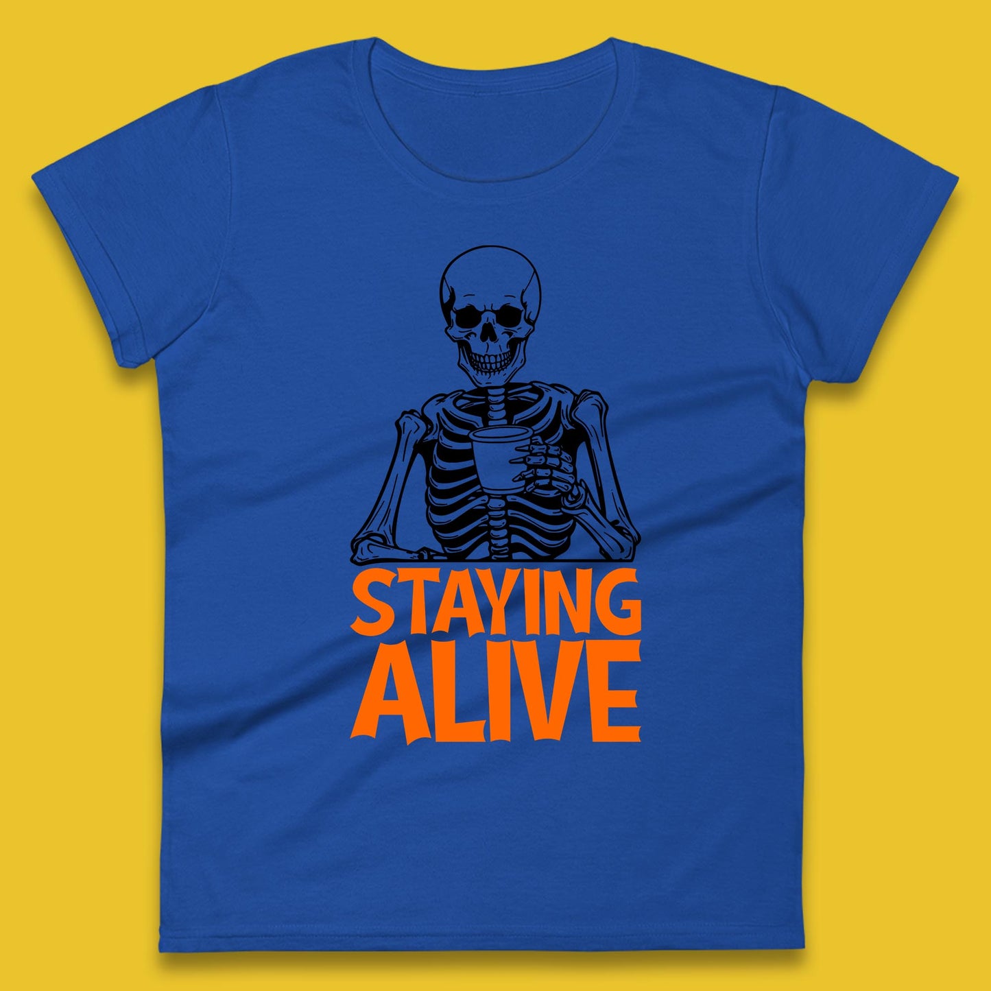 Staying Alive Funny Skeleton Trendy Coffee Halloween Skull Vintage Coffee Lovers Womens Tee Top