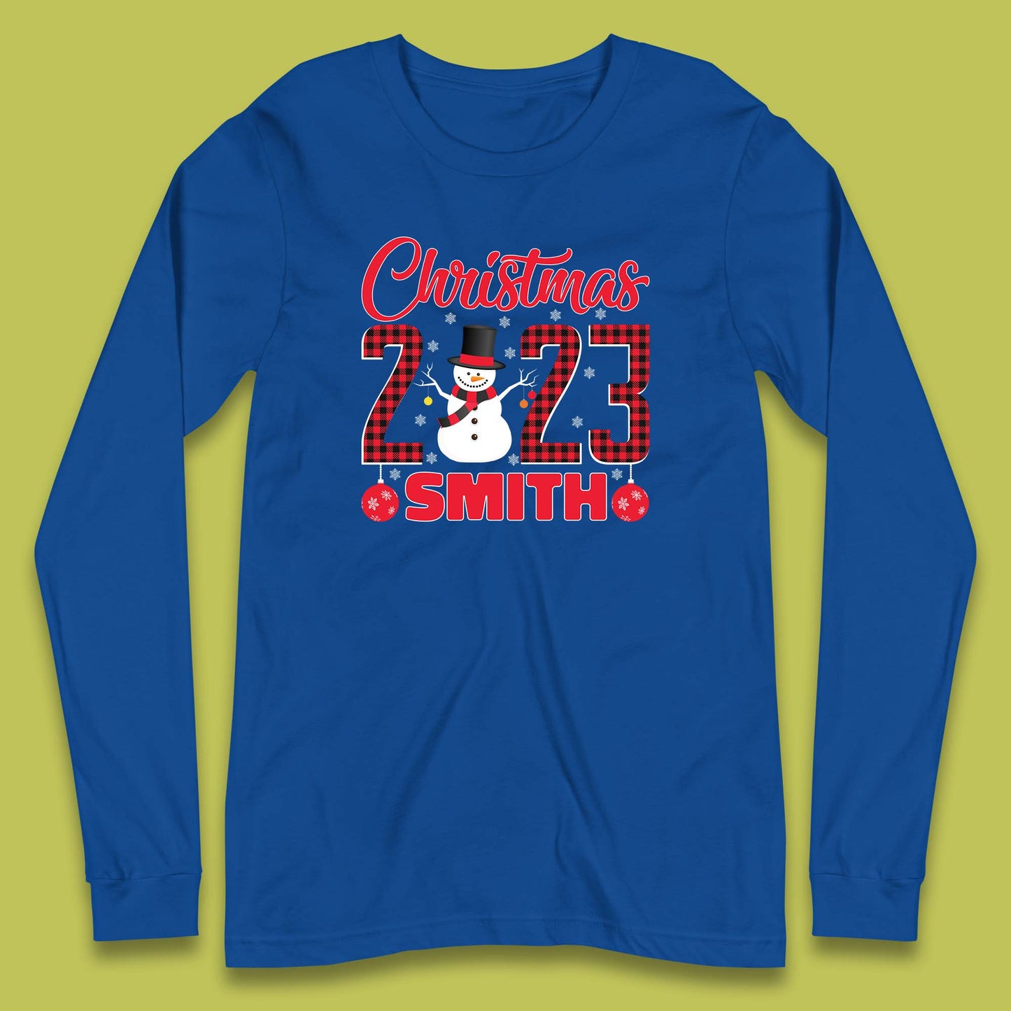 Personalised Christmas 2023 Your Name Snowman Buffalo Plaid Xmas Long Sleeve T Shirt