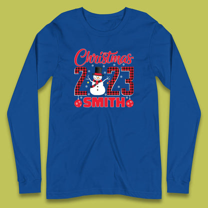 Personalised Christmas 2023 Your Name Snowman Buffalo Plaid Xmas Long Sleeve T Shirt