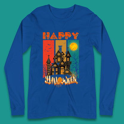 Happy Halloween Vintage Style Horror Scary Haunted House Long Sleeve T Shirt