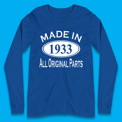 Made In 1933 All Original Parts Vintage Retro 90th Birthday Funny 90 Years Old Birthday Gift Long Sleeve T Shirt