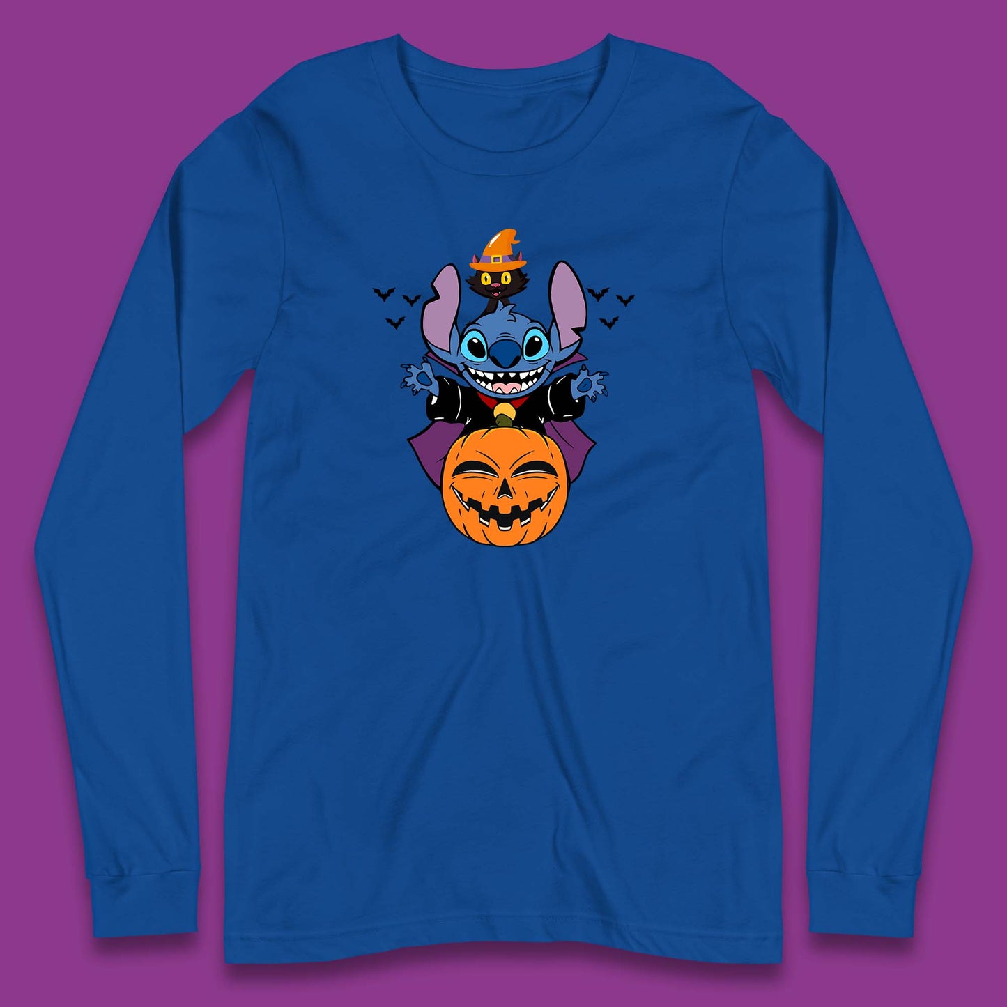 Disney Halloween Pumpkin Devil Stitch With Black Cat Horror Scary Disney Lilo & Stitch Long Sleeve T Shirt