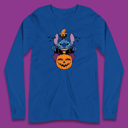 Disney Halloween Pumpkin Devil Stitch With Black Cat Horror Scary Disney Lilo & Stitch Long Sleeve T Shirt