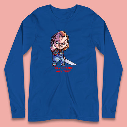 Personalised Chucky With Knife Your Name Or Text Halloween Horror Movie Character Long Sleeve T Shirt