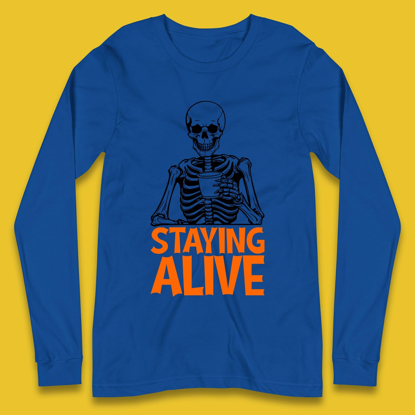 Staying Alive Funny Skeleton Trendy Coffee Halloween Skull Vintage Coffee Lovers Long Sleeve T Shirt