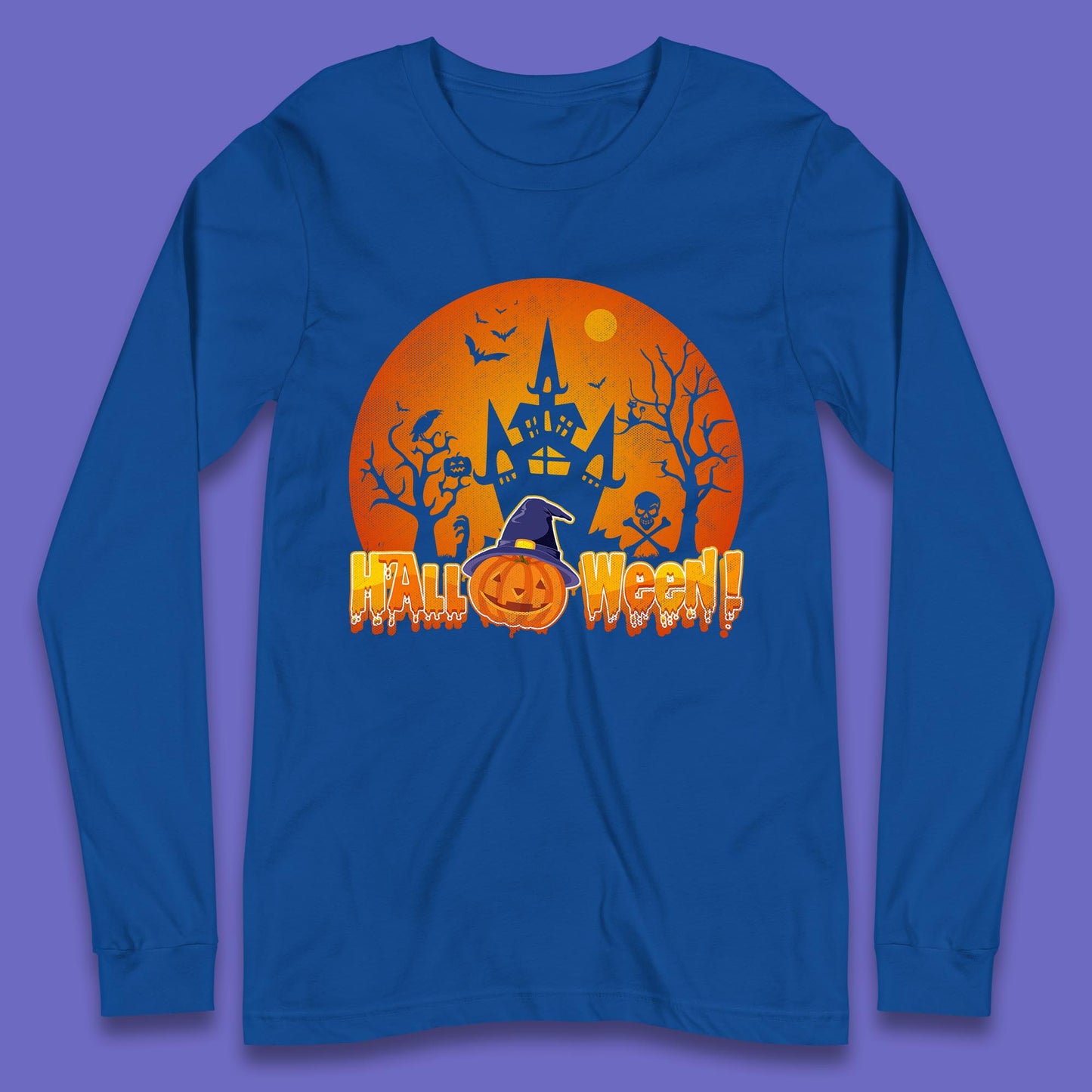 Halloween Pumpkin Witch Hat Haunted Castle Flying Bats Skull Bones Scary Dark Night Long Sleeve T Shirt