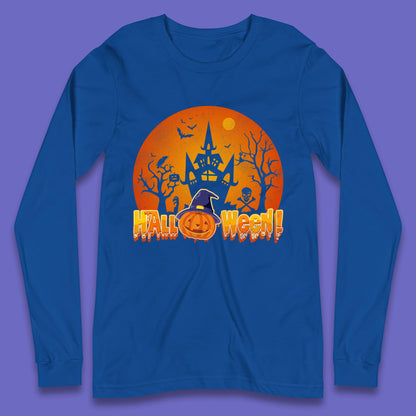 Halloween Pumpkin Witch Hat Haunted Castle Flying Bats Skull Bones Scary Dark Night Long Sleeve T Shirt
