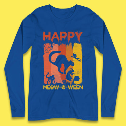 Happy Meow-O-ween Funny Halloween Black Cat Scary Spooky Long Sleeve T Shirt