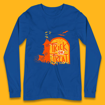 Trick Or Treat Halloween Terrific Abandoned Haunted House Flying Bats Long Sleeve T Shirt