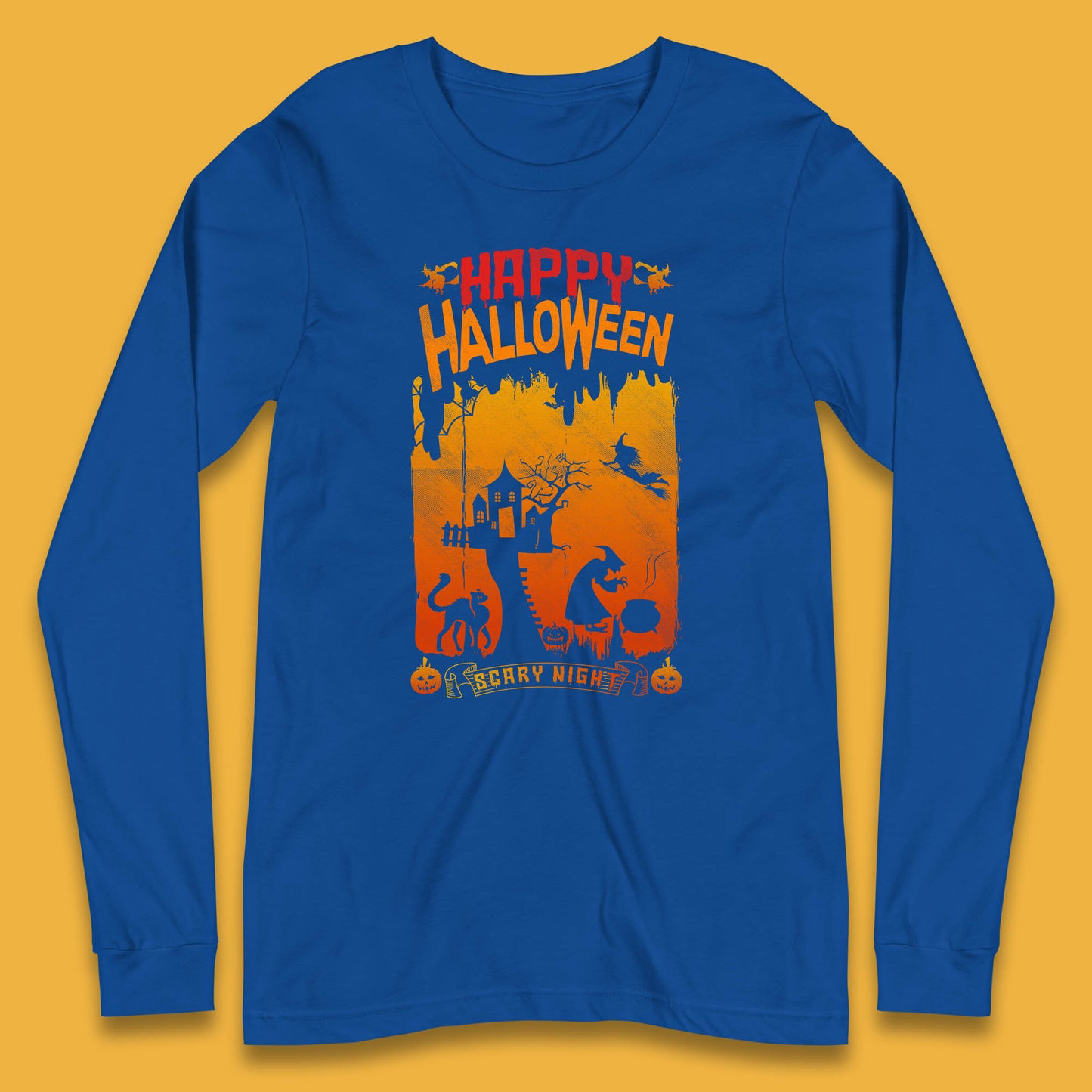 Happy Halloween Horror Hunted House Flying Witch Scary Spooky Night Long Sleeve T Shirt