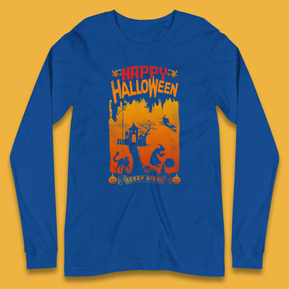 Happy Halloween Horror Hunted House Flying Witch Scary Spooky Night Long Sleeve T Shirt