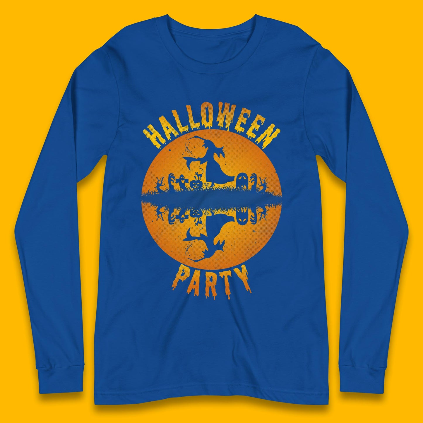 Halloween Party Flying Witch Horror Scary Spooky Season Scary Boo With Full Moon Long Sleeve T Shirt