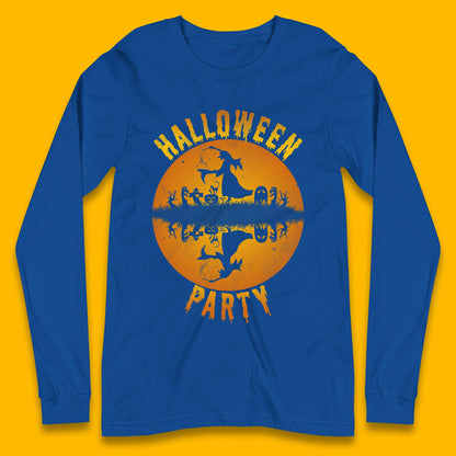 Halloween Party Flying Witch Horror Scary Spooky Season Scary Boo With Full Moon Long Sleeve T Shirt
