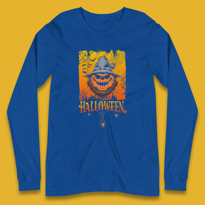 Angry Halloween Scary Evil Pumpkin Funny Pumpkin Head With Fire Eyes Scary Spooky Season Long Sleeve T Shirt