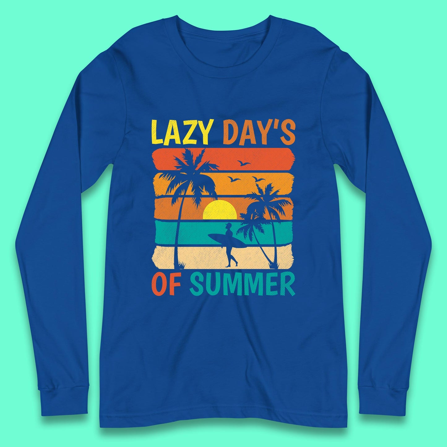 Lazy Days Of Summer Vintage Retro Sunset Surfer Beach Palm Trees Long Sleeve T Shirt