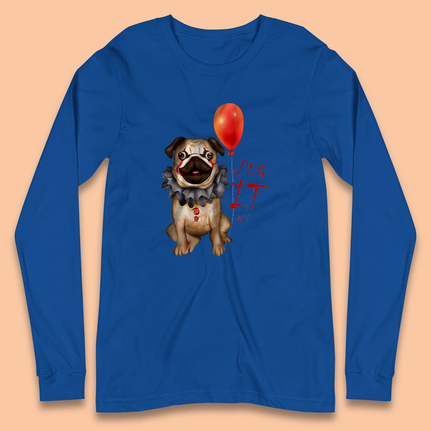 Pug IT Pennywise Clown Dog Spoof Halloween Pug Dog Costume Horror Movie Serial Killer Long Sleeve T Shirt