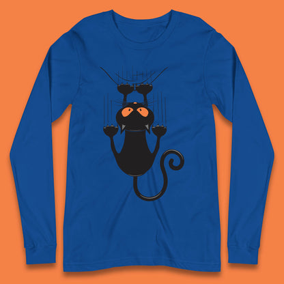 Black Cat Cartoon Scratching Climbing Wall Halloween Horror Scary Black Cat Spooky Season Long Sleeve T Shirt