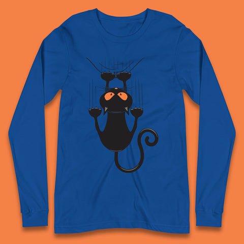 Black Cat Cartoon Scratching Climbing Wall Halloween Horror Scary Black Cat Spooky Season Long Sleeve T Shirt