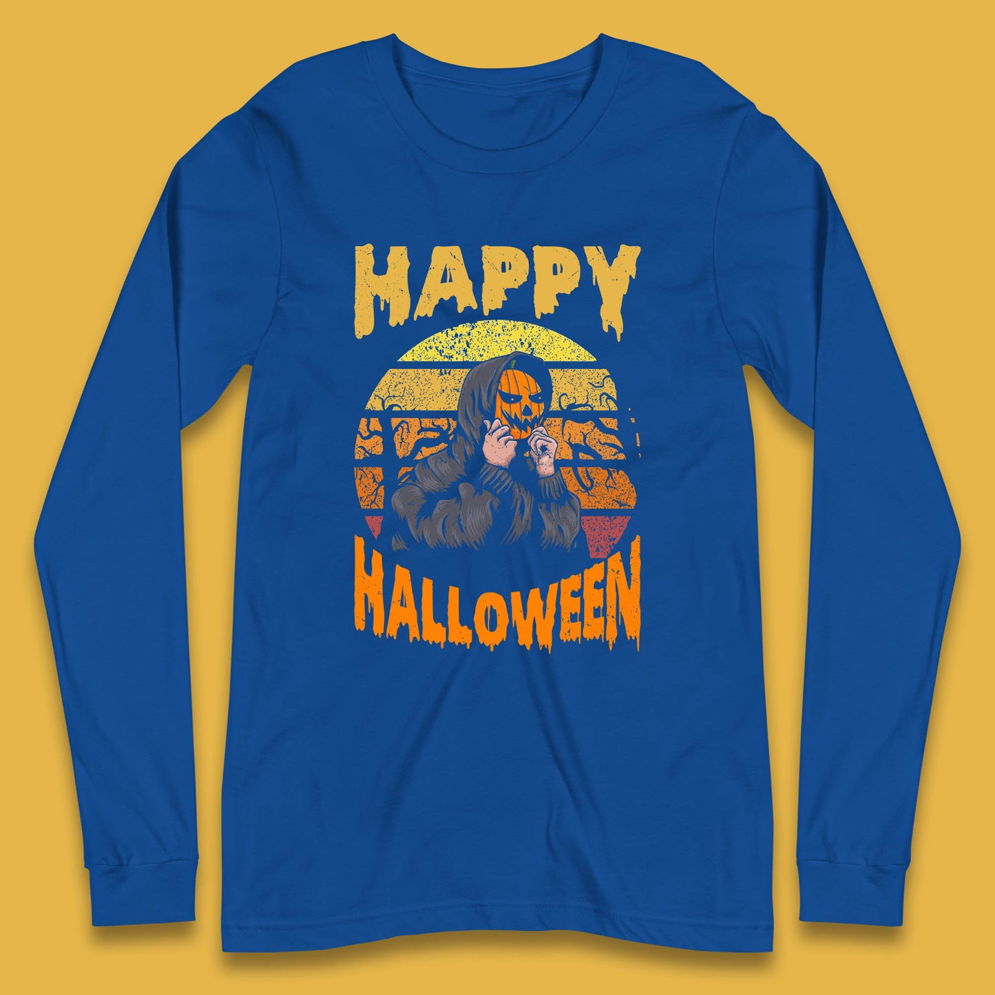 Happy Halloween Jack O Lantern Pumpkin Head Horror Scary Vintage Retro Halloween Long Sleeve T Shirt