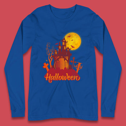 Halloween Lettering With Full Moon Scary Haunted House Flying Bats Horror Graveyard Long Sleeve T Shirt