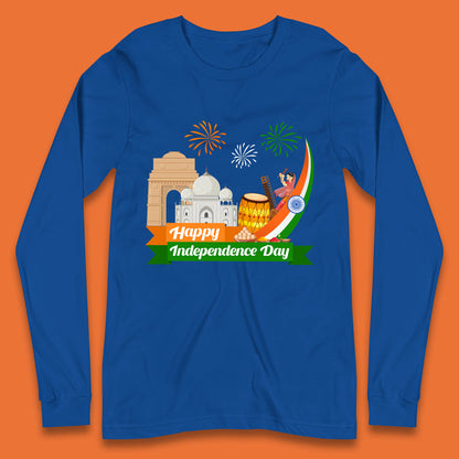 Happy India Independence Day 15th August Patriotic Indian Flag India Architectural Landmarks Long Sleeve T Shirt