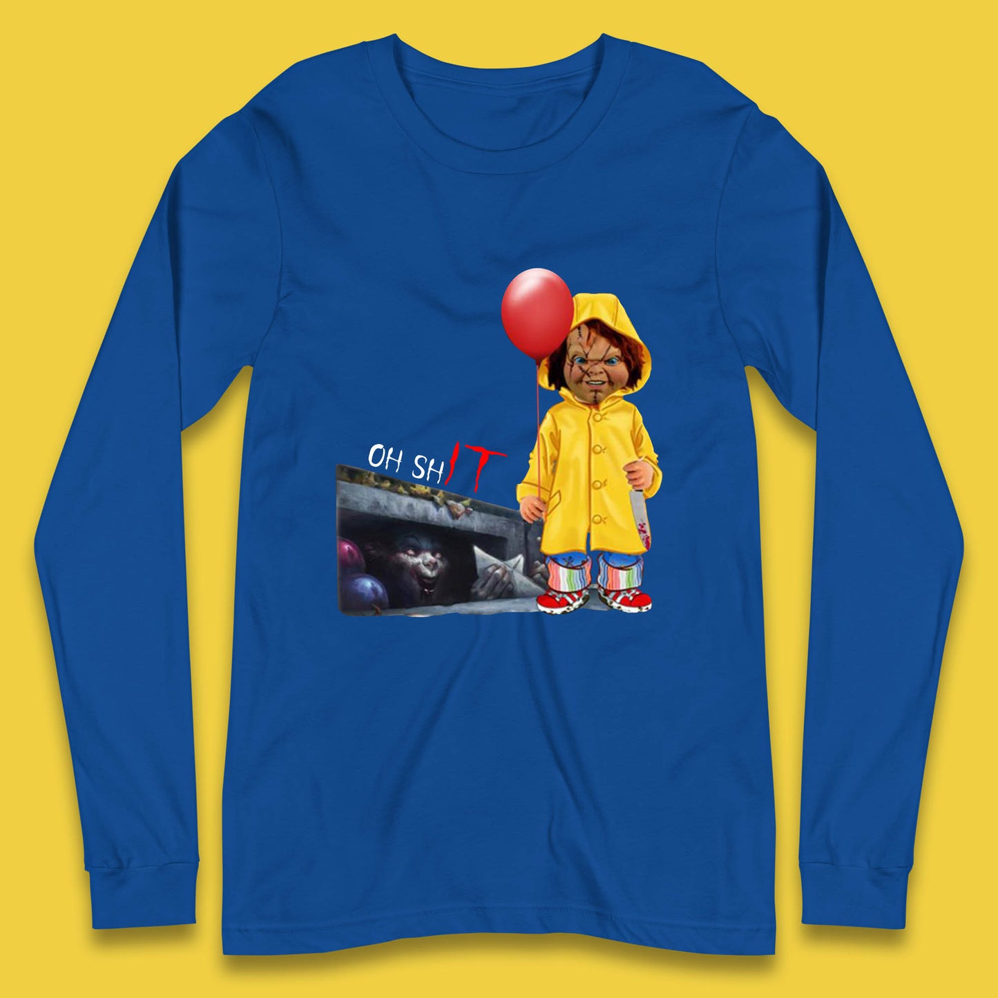 Oh Shit Pennywise Chucky Clown Spoof Halloween IT Pennywise Clown Horror Movie Character Long Sleeve T Shirt