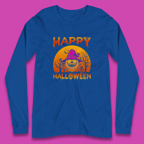 Happy Halloween Monster Pumpkin With Witch Hat Horror Scary Spooky Season Long Sleeve T Shirt