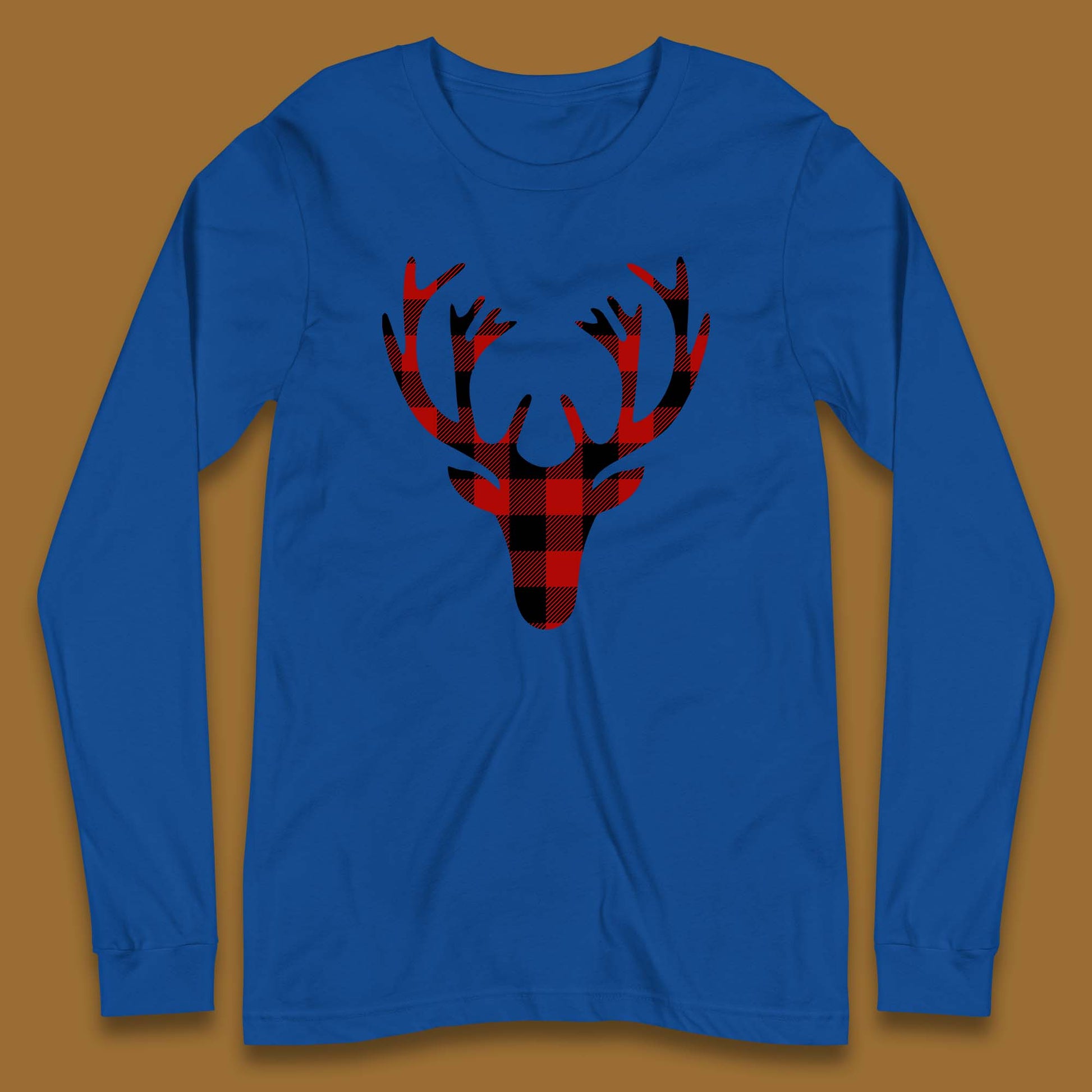 merry christmas buffalo plaid deer head long sleeve t shirt