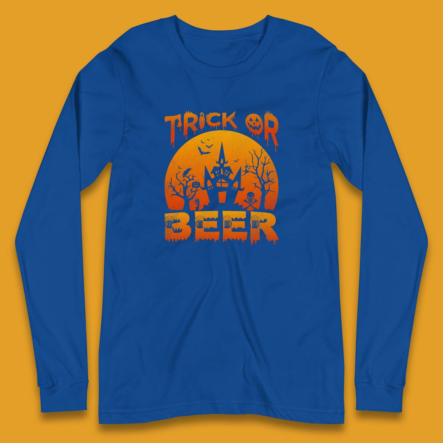 Trick Or Beer Halloween Drinking Beer Lover Horror Haunted House Drinker Halloween Party Long Sleeve T Shirt