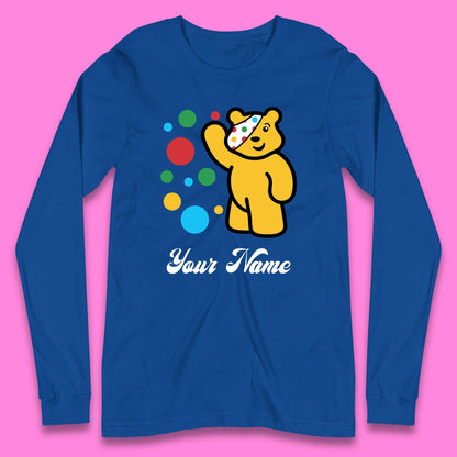 Personalised Spotty Pudsey Bear Hand Waving Dotty Spot Your Name Fundraising Spotty Bear Spotty Day Long Sleeve T Shirt