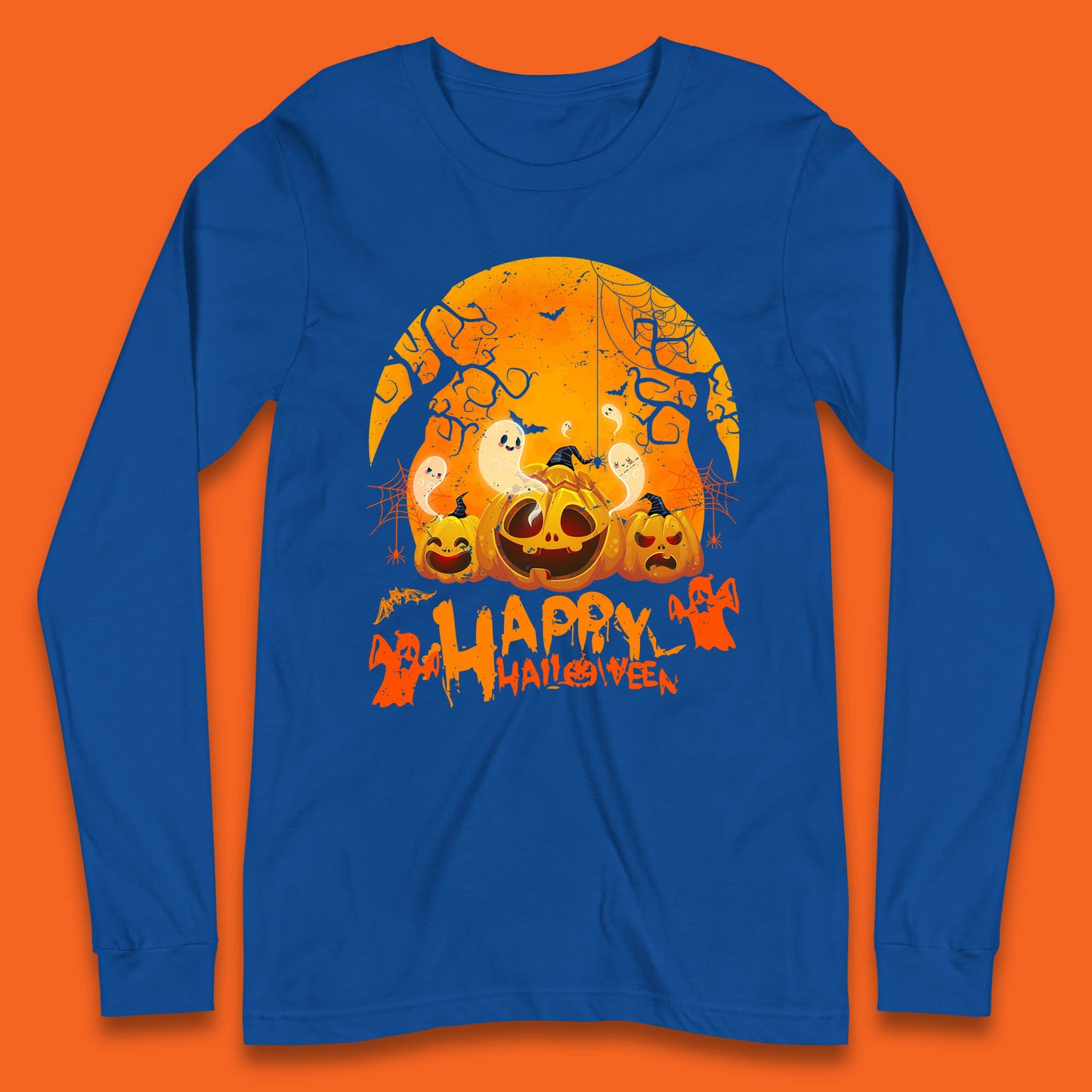 Happy Halloween Jack O Lantern Pumpkins Scary Boo Ghost Haunted Trees Long Sleeve T Shirt