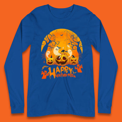 Happy Halloween Jack O Lantern Pumpkins Scary Boo Ghost Haunted Trees Long Sleeve T Shirt
