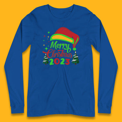 Merry Christmas 2023 Elf Hat Christmas Trees Xmas Gift Long Sleeve T Shirt