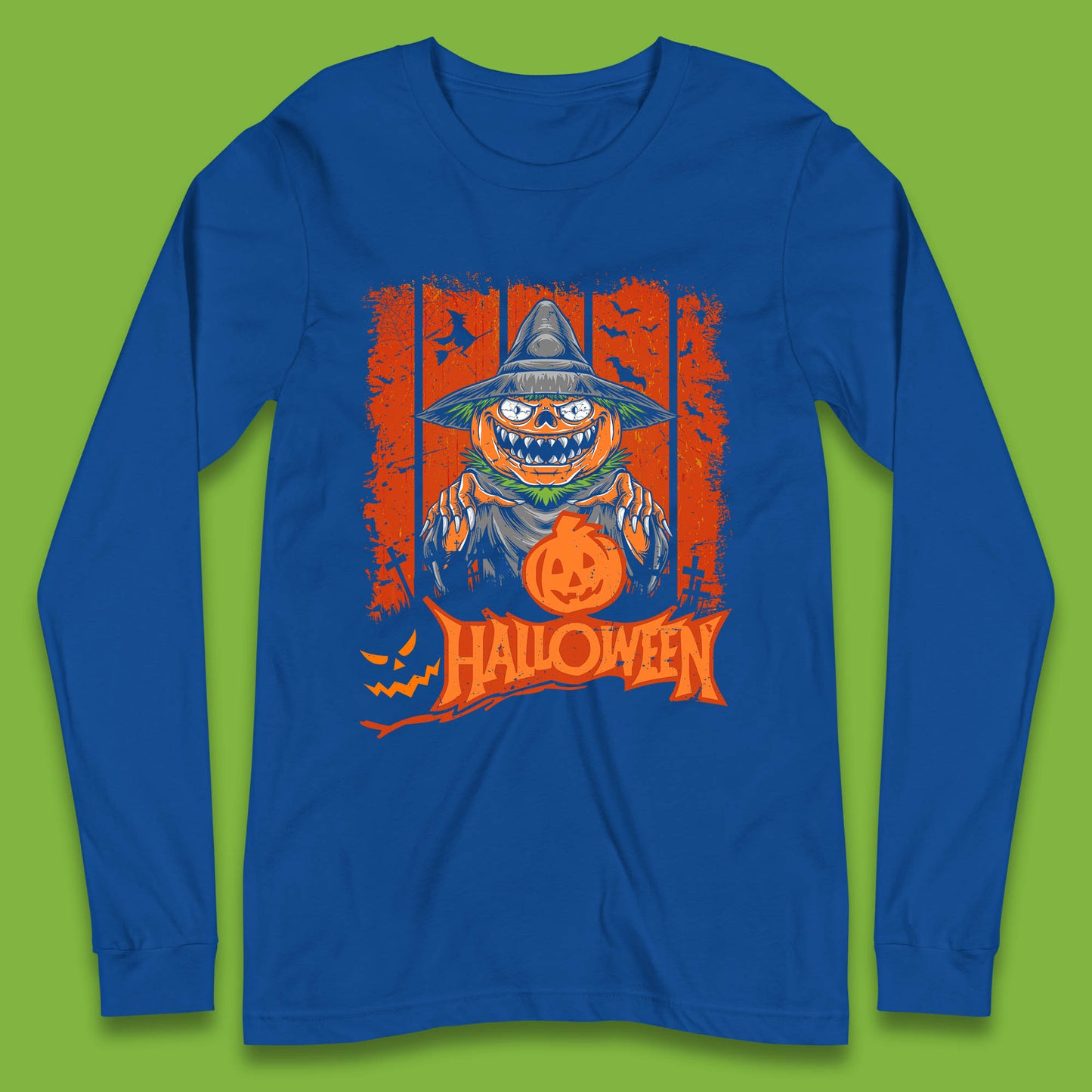 Halloween Pumpkin Head Scarecrow Jack O Lantern Pumpkin Head Horror Scary Vintage Retro Long Sleeve T Shirt